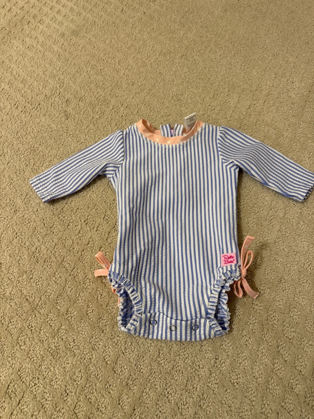 Ruffle Butts Blue & White Striped One-Piece with Pink Trim
